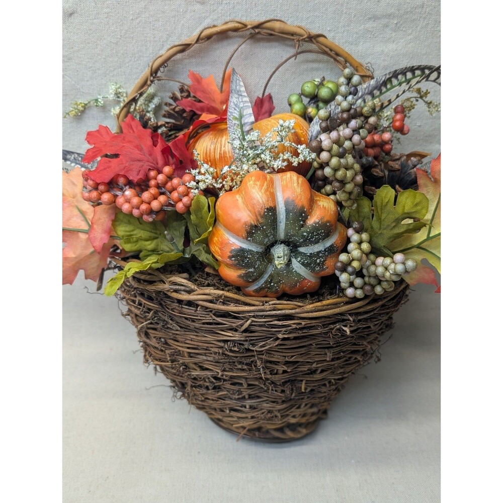 Nearly Natural Faux Pumpkin & Berry Hanging Basket 14" Autumn Door Decoration